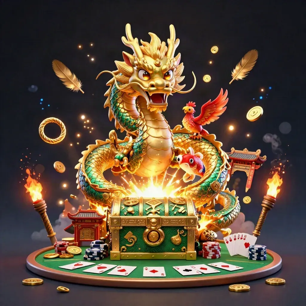 Golden dragon with red phoenix, koi, temple gate, and poker treasures in dark cinematic casino art