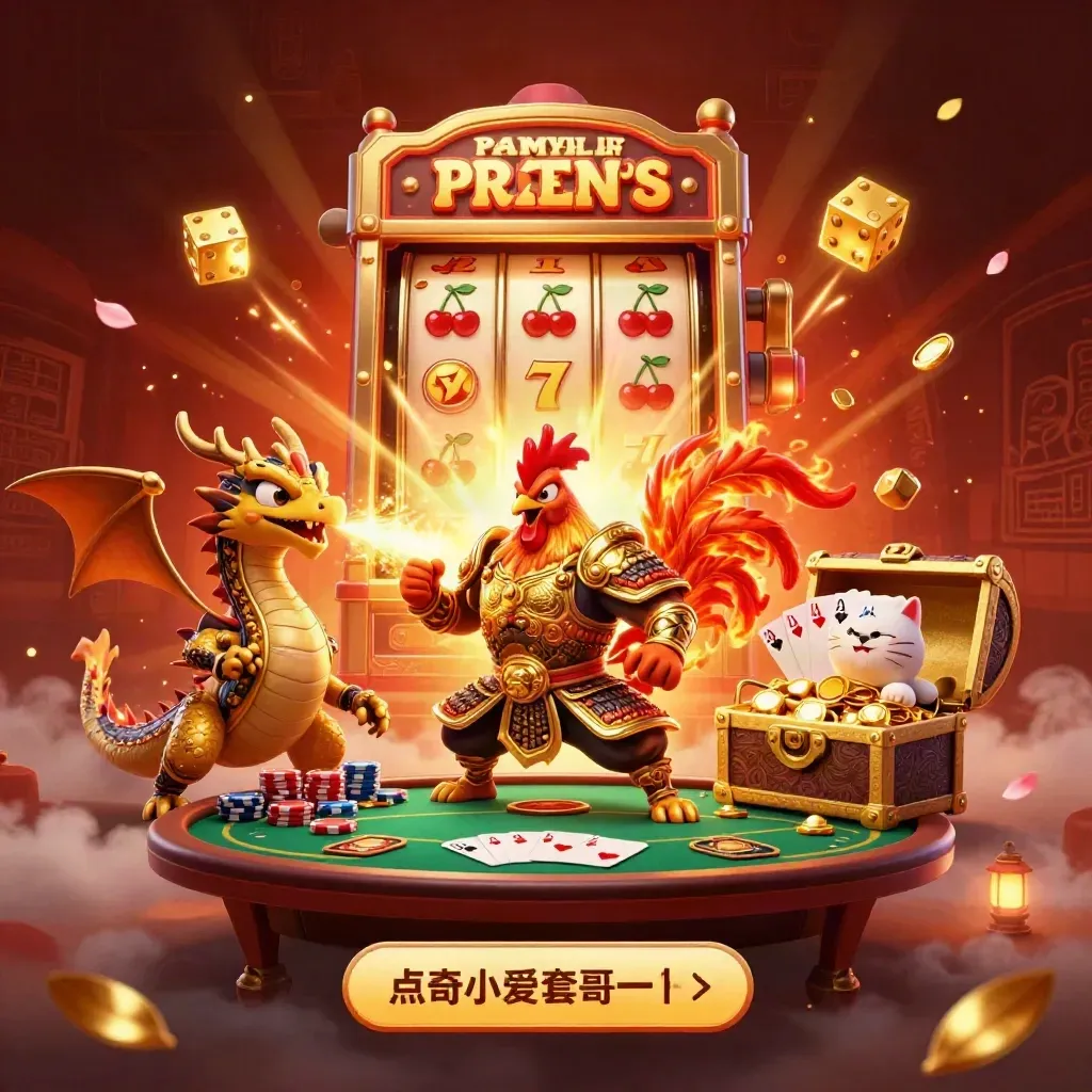 Rooster samurai, dragon hatchling, and fortune cat amid gold bursts, poker props, and casino fire.