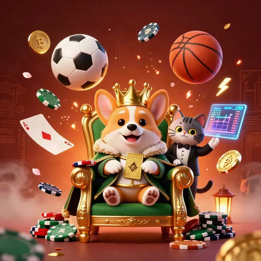 Crowned corgi and cat butler amid poker chips, coins, balls, lightning, and embers in luxe casino glow