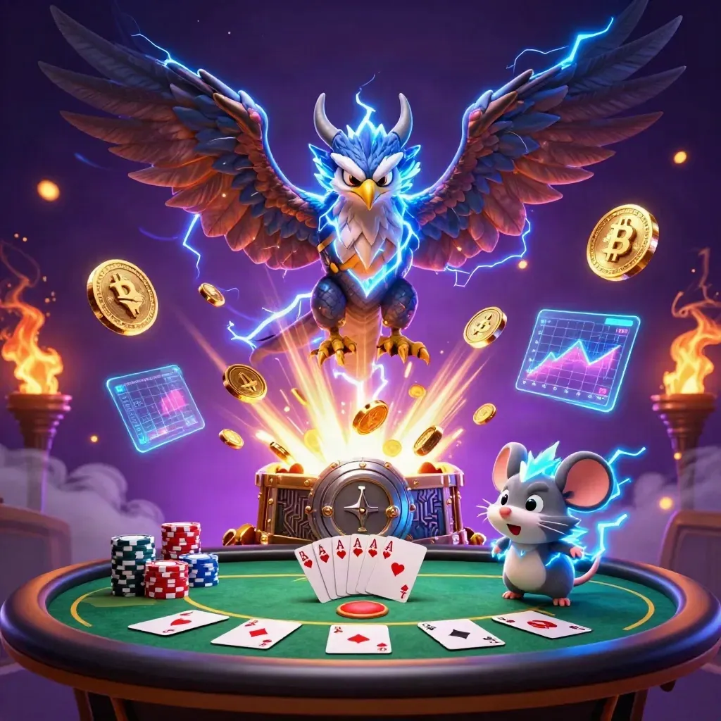 Thunder dragon, hawk, and mouse blast coins over a poker table in a purple casino sky.