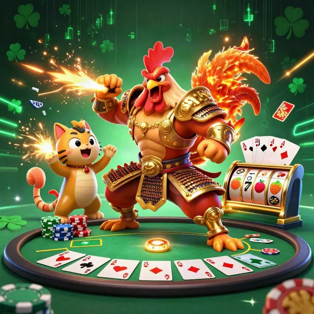 Rooster samurai, spark-breathing dragon hatchling, and fortune cat amid poker chips and glowing cards