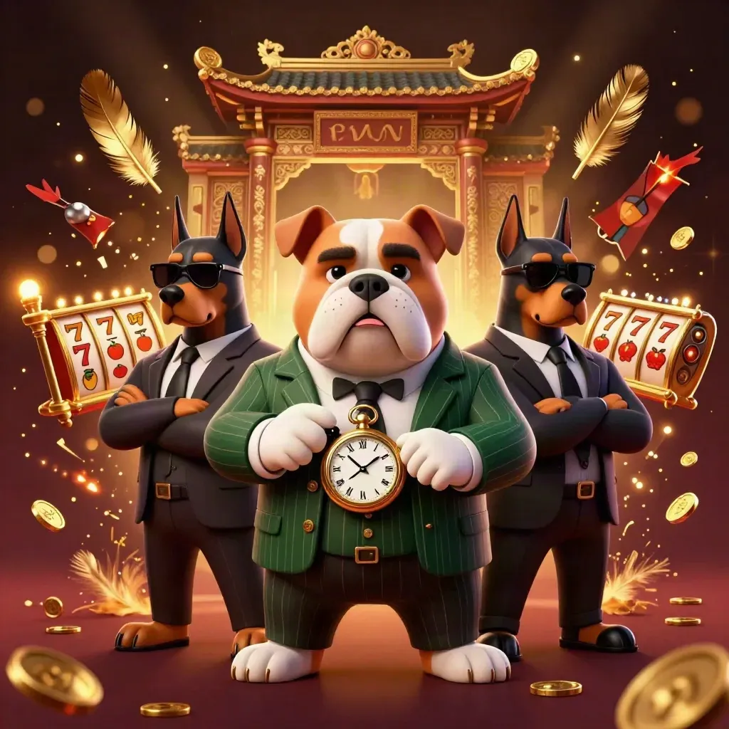 Bulldog mafia boss with two Dobermans amid casino reels, coins, and temple ring